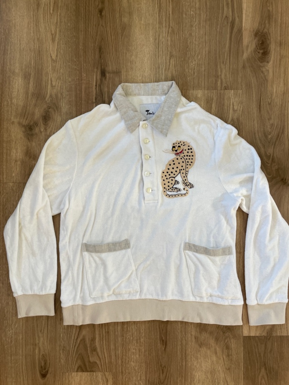 Tombolo - Men's Cream Crewneck Polo Sweater with Leopard Appliqué - Size M